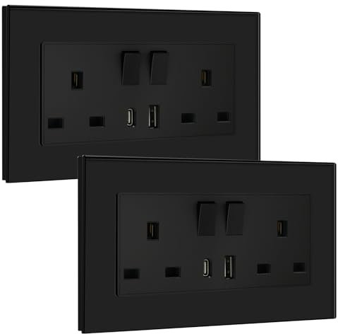 BSEED Double Switched Sockets with USB C and USB A Charging Ports, UK Standard Electric Power Sockets with Glass Panel, 2 Gang 13A Wall Socket, Black, 2 Pack