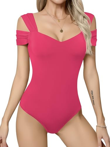 Missufe Damen Body Elegant Sommer Kalte Schulter Bodysuit Oberteil T Shirt (Rosa, Large)