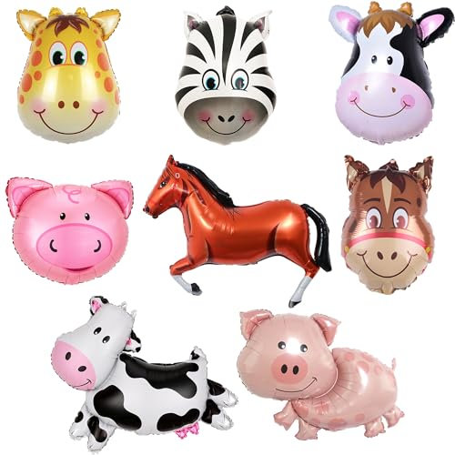 8 Stück Bauernhof Geburtstag Deko Ballons Kit - Riesigen Tiere Folienballon Party Dekoration, Tierkopf Luftballons Dekorationen für Kindergeburtstag Baby Shower Babyparty Tier Mottoparty