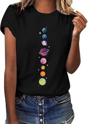 TOMEEK Women's T-Shirts Short Sleeve Ladies Tops Summer Crew Neck Basic Tops Graphic Print Tee Shirts Casual Black Tshirt(Planets,L)