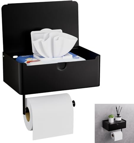 Mailain Klopapierhalter Ohne Bohrung, Edelstahl Toilettenpapierhalter mit ablage, Schwarz Klorollenhalter WC Rollenhalter Papier Halterung Ohne Bohrung, Matt (Schwarz mit ablage)