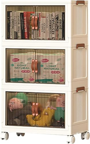 Roqao 66L Plastic Storage Boxes on Wheels – 3-Tier Stackable Storage Bins with Lids, Collapsible Storage Cupboard for Wardrobe, Garage, Home & Kitchen Organisation