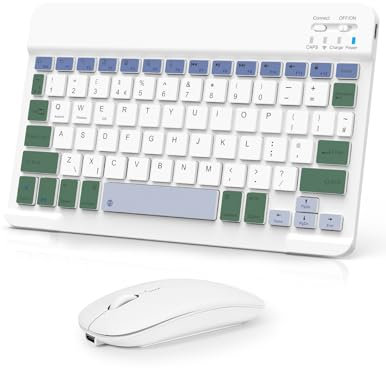 Nsyee Bluetooth Keyboard and Mouse, Universal Compact Wireless Keyboards, Rechargeable Portable for iPad/Samsung/Tablet/iOS/Android/Windows, UK Layout (White&Green, Keyboard and Mouse)
