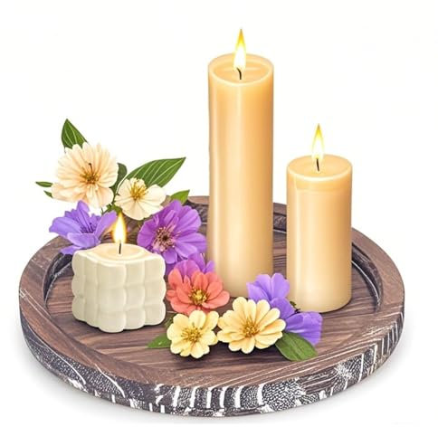 Round Rustic Wooden Candle Holder Tray - Decorative Tealight & Pillar Candle Plate for Christmas, Wedding, Halloween - Farmhouse Table Centerpiece Home Decor(28.5cmX28.5cmX2.5cm)