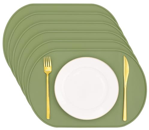 yuuzue Silicone Placemat Set of 6, Heat Resistant Placemats for Dinning Table, Reusable Portable Kids Baby Placemats, Waterproof Stain-Proof Toddler Food Mats, Easy to Clean Silicone Mat Oval Placemat