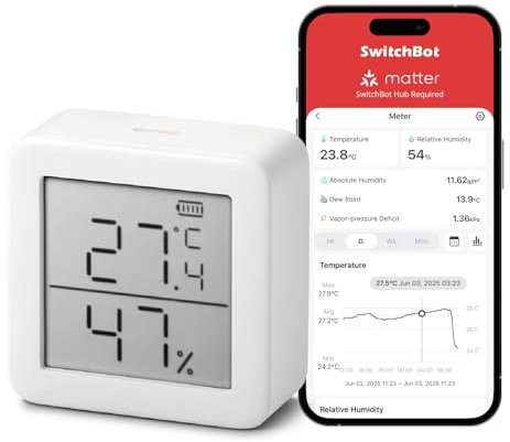 SwitchBot Termometro igrometro interno, igrometro digitale Bluetooth, termoigrometro con app, punto di rugiada/VPD/sensore di umidità assoluto, igrometro Bluetooth
