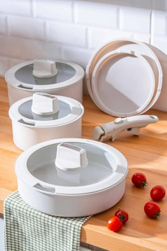 Juego de 7 utensilios de cocina de cerámica con mango extraíble, ollas de aluminio antiadherentes con vidrio, tapas de silicona, compatible con inducción, color beige