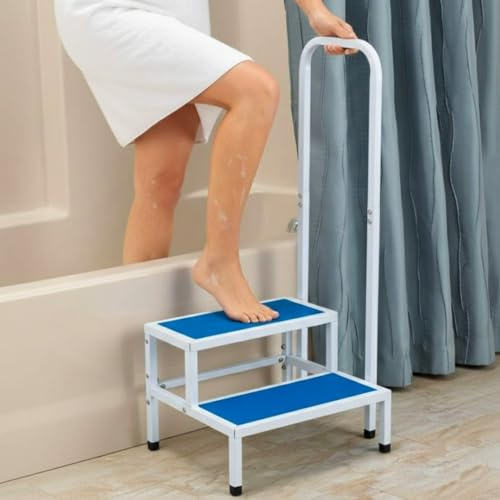 Durable Bath Double Step Stool with Handle - 2-Step Metal Bed & Bath Steps for Elderly, Non-Slip Feet, 330 Lb Capacity, Heavy Duty Support for Safe Bathroom & Bedroom Use
