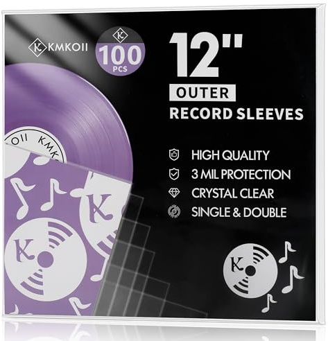 KMKOII 12 Zoll Schallplatten Hüllen Aussenhüllen - 100 Stück LP Schutzhüllen Vinyl Hüllen für Single & Doppel LPs (32.5 x 32.5 cm),Transparent Polypropylen Vinyl Schutzhüllen,12.75 x 12.75 Sleeve