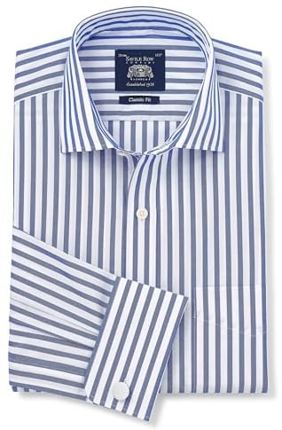 THE SAVILE ROW COMPANY LONDON Men's Classic Fit Cotton Poplin Double Cuff Formal Shirt - Blue White Stripe - 16 Collar