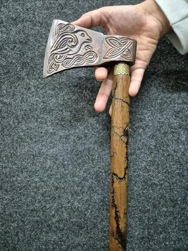 Raven Design Viking Valhalla Axe Walking Cane Wooden Walking Stick Brass Handle Walking Cane for Men Carved Design Cane Mobility Dad Gifts