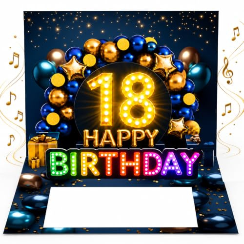 Joli Coon Geburtstagskarte 18 mit Musik und Licht, 20 × 15 cm | Pop-up-Mechanismus, Fächer für Geldscheine, Goldveredelung, passendes Kuvert, Siegelsticker, zum 18. Geburtstag