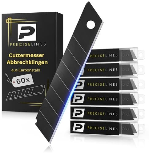 PRECISE LINES® Cuttermesser Klingen 18mm | 60 Stück Ersatzklingen Black Ultrascharf | SK5 Carbonstahl gehärtet | Teppichmesser Klingen Abbrechklingen Cutter Messer