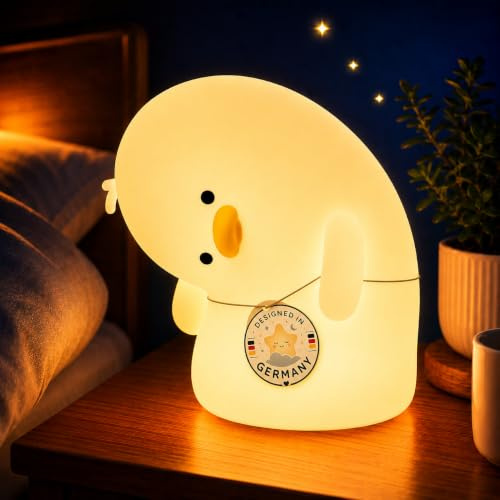 Winkee Nachtlicht Kinder Entchen Waddles LED dimmbar aus Silikon BPA-frei | Wiederaufladbar, 30-Minuten-Timer und Touch Steuerung, sanftes Kinderlicht für Babyzimmer, Schlafzimmer und Stillzeit