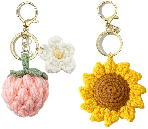 AYUMAL Handgefertigter Schlüsselanhänger, Erdbeeren und Sonnenblumen Form | Handstricken Niedliche Erdbeerblume Schlüsselanhänger Gänseblümchen für Autoschlüssel, Tasche, Geldbörse, Damen, Mädchen