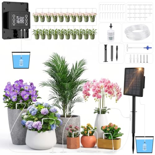 Irrigazione Automatico Solare con Timer di Irrigazione,2000Mah Kit di Irrigazione Solare per Vasi,Giardino,Balcone con 15m Tubo di Irrigazione,20 Gocciolatori per Giardin, Balcone, Piante in vaso