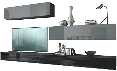 Vladon Wohnwand Nublo, Made in Germany, Anbauwand mit Rückwand mit 2 Klappen und 2 Sockelelementen, Korpus Schwarz matt, Fronten Schwarz Hochglanz und Grau Hochglanz (280 x 147 x 39 cm)