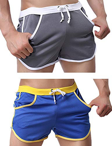 Rexcyril Herren-Shorts für Laufen, Workout, Bodybuilding, Fitnessstudio, Sport, Freizeit, kurze Hose, 2er-Pack (grau + blau), Mittel