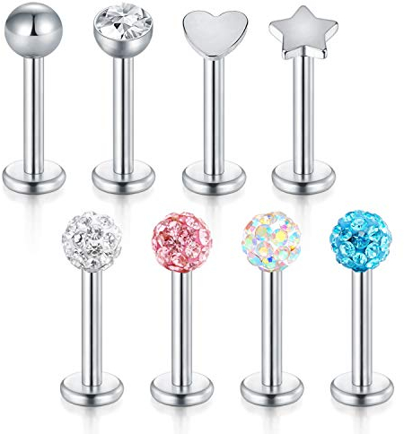 FECTAS 8stk Lippenpiercing Stecker Set aus Chirurgenstahl mit Stein Kugenl 8mm Bar Tragus Labret Medusa Piercing Schmuck