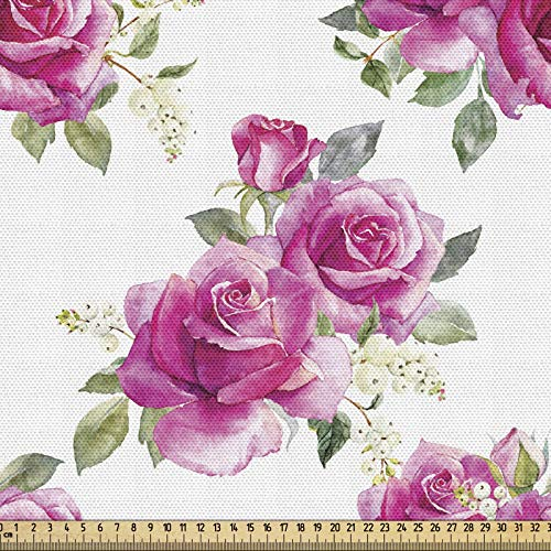 ABAKUHAUS Rose Gewebe als Meterware, Romantischer künstlerischer Posy von Blumen, Dicht Gewebter Stoff zum Nähen Polster Wohnaccessoires, 3M (148x300cm), Reseda Grün Eierschalenfarben und Rosa