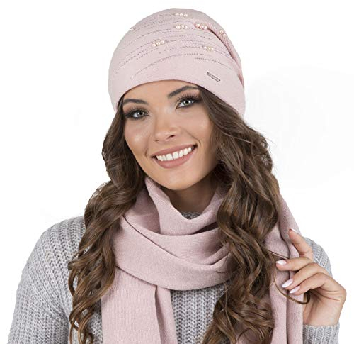 VIVISENCE Damen Wintermütze Mit Klassischem Schnitt Warme Gemütlich Mütze Für Frauen Garn Und Wolle Verziert Perfekter Passform Ideal Für Kalte Wintertage Modell 7012, Rosa,Einheitsgröße