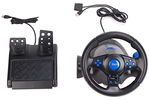 cigemay Game Racing Steering Wheel with Pedals, USB, 3-In-1, PS3/PS2/PC Compatible, 180° Rotation