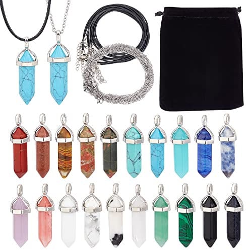 SUNNYCLUE 20 Colors Bullet Shape Gemstone Pendants Hexagonal Chakra Crystal Charms Healing Gemstone Pendant Bulk with Waxed Cotton Cord for Adults DIY Choker Necklace Jewelry Making Crafts