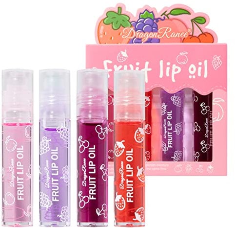 Greoer 4 Pieces Lip Balm Lip Oil Set, Fruit-flavored Moisturizing Lip Gloss, Plumping Lip Gloss Crystal Jelly Liquid Lipstick for Women and Girls