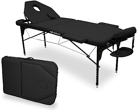 WELLCORE Klappliege aus Aluminium, mit aufklappbarer Rückenlehne, 185 x 65 cm, Kunstleder, höhenverstellbar, Gelenkkopf, Gesichtsloch, Schwarz, Transporttasche, bis 225 kg