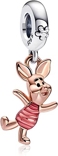 Beads R Us ® Winnie the Pooh Piglet Dangle Charm crafted in sterling silver and 14k rose gold plating - Compatible with all European style Charm Bracelets, Necklaces and Anklets.