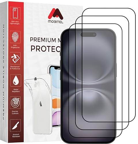 Mobitel 3 Stück Schutzfolie Kompatibel mit iPhone 16, 9H Härte 6,7 Zoll Panzerglas Schutzfolie, Anti-Kratzen, Anti-Bläschen mit Einfache Installation