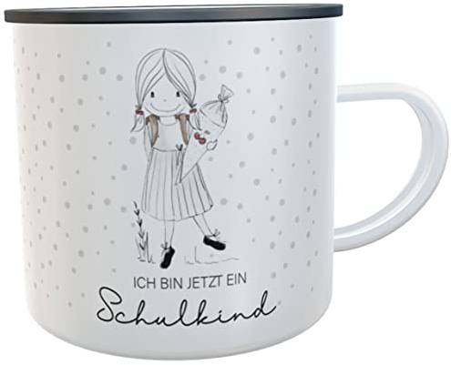 Kilala Emaille-Namenstasse Schulkind 2023 mit nostalgischem Motiv Schultüte Spruch 'Ich bin jetzt ein Schulkind' Regenbogen und Schulkindname (Emaille Mädchen mit Tupfen)