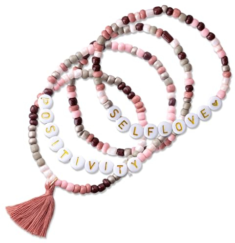 Papierdrachen 4 Perlen-Armbänder in sanften Pastelltönen - mit Quaste- tolle Geschenkidee für jeden Anlass - POSITIVITY und SELFLOVE - schönes Accessoire - Set 6