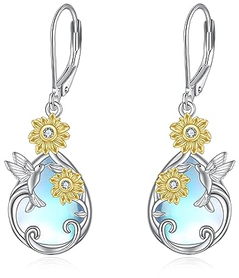 Mondstein Ohrringe 925 Sterling Silber Schmetterling/Libelle/Biene Blume Leverback Baumeln Tropfen Ohrringe Schmuck Geburtstag Geschenke für Damen Mädchen (Kolibri)