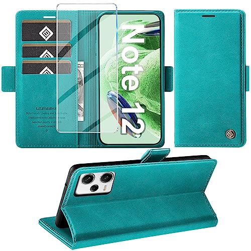 Giyer Handyhülle für Xiaomi Redmi Note 12 5G, PU Leder Wallet Flip Case mit Ständer, Kartenfach, Klapphülle, Displayschutzfolie, Cyan