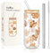 Joeyan 600ml Glass Drinking Cup with Straw and Lid,Bubble Tea Cup with Straws,Can Shaped Smoothie Ice Coffee Glasses with Leaves Pattern,Cute Cup Gift for Sister Friend Birthday Anniversary Valentine