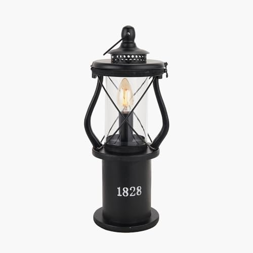 Pacific Lifestyle Black Antique Lantern | Miners Oil Lamp Victorian Lamp Shabby Chic Nautical Wooden Washed Table Lamp (Black)
