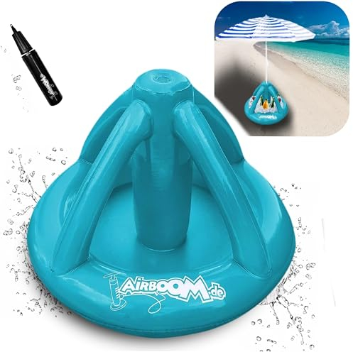 Airboom - Pied de parasol gonflable pour parasol de plage avec pompe, refroidisseur de boisson, support de parasol, plage, camping, protection solaire (bleu)