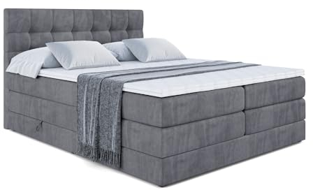 ALTDECOR Boxspringbett mit Matratze und Lattenrost, Topper, Polsterbett mit Bettkasten, Bett mit Stauraum H3- und H4- Matratze, Doppelbett, Springboxbett BERO King 200x200 - Dunkelgrau Samt