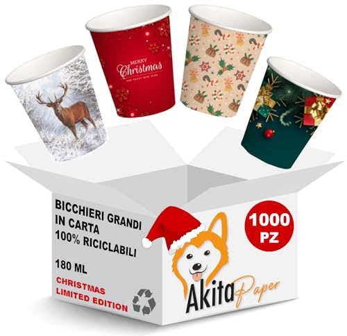 AKITAInk Bicchieri acqua carta - 1000 PZ - 180 ml, bicchieri acqua monouso usa e getta, biodegradabili, bicchieri natale per Feste Motivo Invernale, Natalizi addobbi, Asporto Bevande Calde