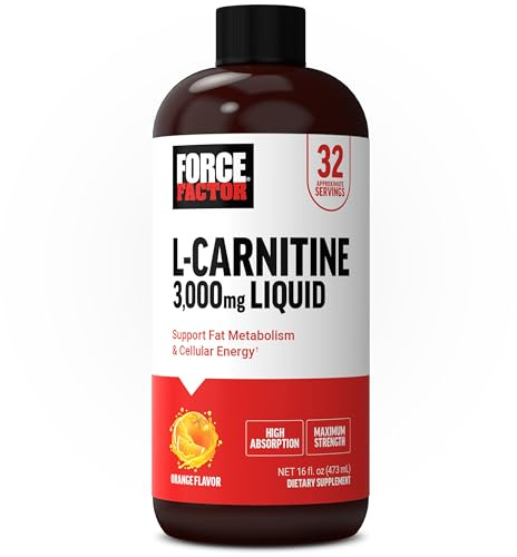Force Factor L-Carnitine Liquid 3000mg, Maximum Strength Supplement to Support Fat Metabolism, Cellular Energy & Muscle Recovery, High Absorbing, Non-GMO, Orange Flavor, 16 oz Bottle