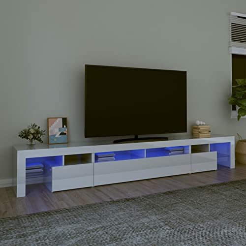 NITCA Mobile Porta TV con Luci LED, Mobile Televisore Moderno, Mobiletto TV, Mobile TV Soggiorno in Legno #1, Bianco Lucido 260x36,5x40 cm