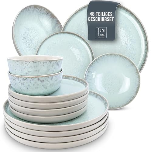 Steingut Geschirrset 12 Personen Ibiza 48 tlg. TESTSIEGER, Traumhaftes Mediterranes Steingut Geschirr Set, Schüssel- und Teller Set, Tafelservice 12 Personen, Geschirrsets Pure Living in Blau-Beige