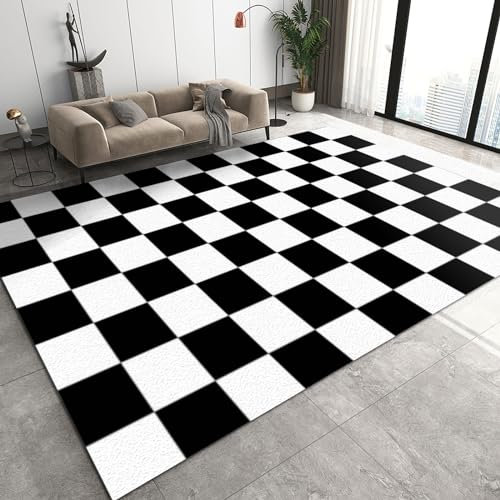 QDJKBL Geometrischer schwarz-weiß Karierter Teppich, moderner rechteckiger regelmäßiger symmetrischer Schlafzimmerteppich, waschbarer Teppich langlebig geeignet für Jugendzimmerdekoration Esszimmer