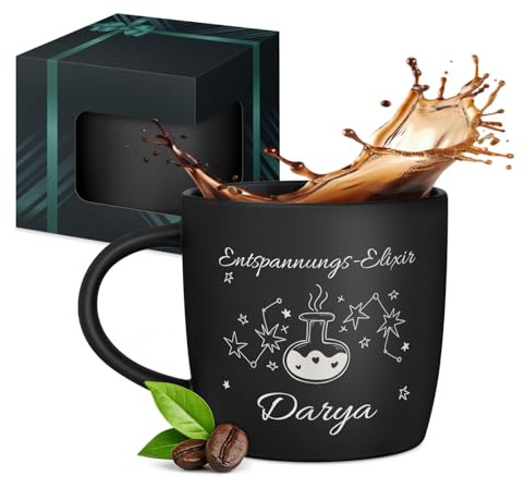 Maverton Keramik Kaffeebecher 400ml mit Gravur - personalisierte Kaffeetasse aus Matt Keramik mit Henkel für Frauen zum Geburtstag zu Weihnachten - Trinkbecher matt schwarz - Innen schwarz - Elixir