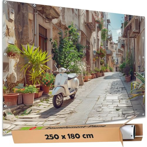 TRIOSK Sichtschutz Garten Deko Zaun Plane Blickdicht groß mit Zaunblende Motiv Dorfgasse Italien Mediterran für Zaunelement Doppelstabmatten Stabmattenzaun Gartenzaun PVC 250x180 cm