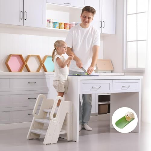 hoopyosms Sgabello per Bambini Pieghevole, Scaletta Montessori per Bagno e Cucina, Altezza Regolabile, Antiscivolo con Manici, Sedile per WC per Apprendimento, Grigio