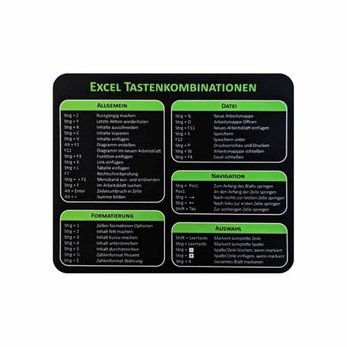 Arkero-G Mauspad - Excel Shortcuts Mouse Pad Tastaturkürzel Büro/Office Mauspad 24 x20 x 0,3 cm rutschfeste Design Tisch-Unterlage (Excel)