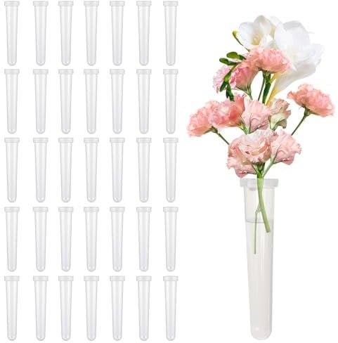 QHSXMQ 36 Stück Reagenzgläser für Blumen, Blumenröhrchen Kunststoff, Reagenzglas Vase, Blumen Wasserröhrchen für Blumenarrangements, Blumenröhrchen Kunststoff mit Deckel, Reagenzglas Vase 11 * 2.4cm
