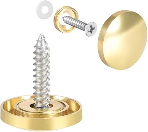 TOP-VIGOR 4Pcs Mirror Screws, 18mm brass Mirror Screws Cap Nail with Washers, Decorative Cap Covers Polished Mirror Nails for Mirrors, Furniture Fittings, Tables, Wardrobes, Glass, Gold